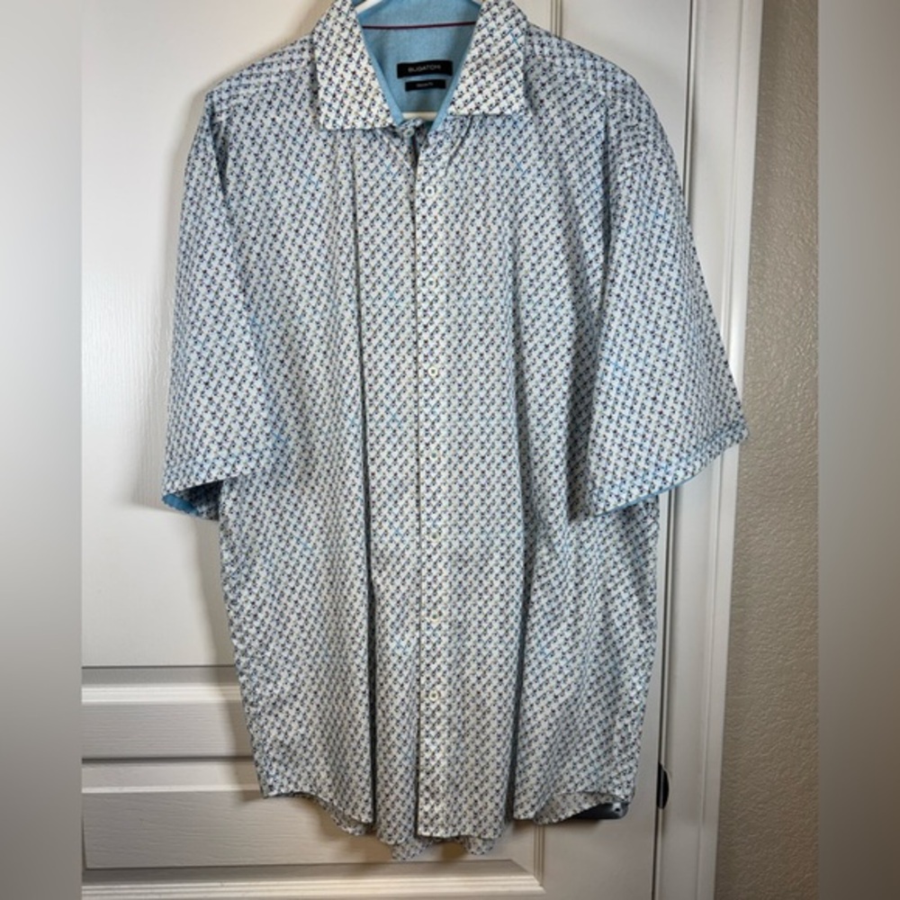 Bugatchi Classic Fit White Blue Button Down Shirt Size XXL EUC #5009